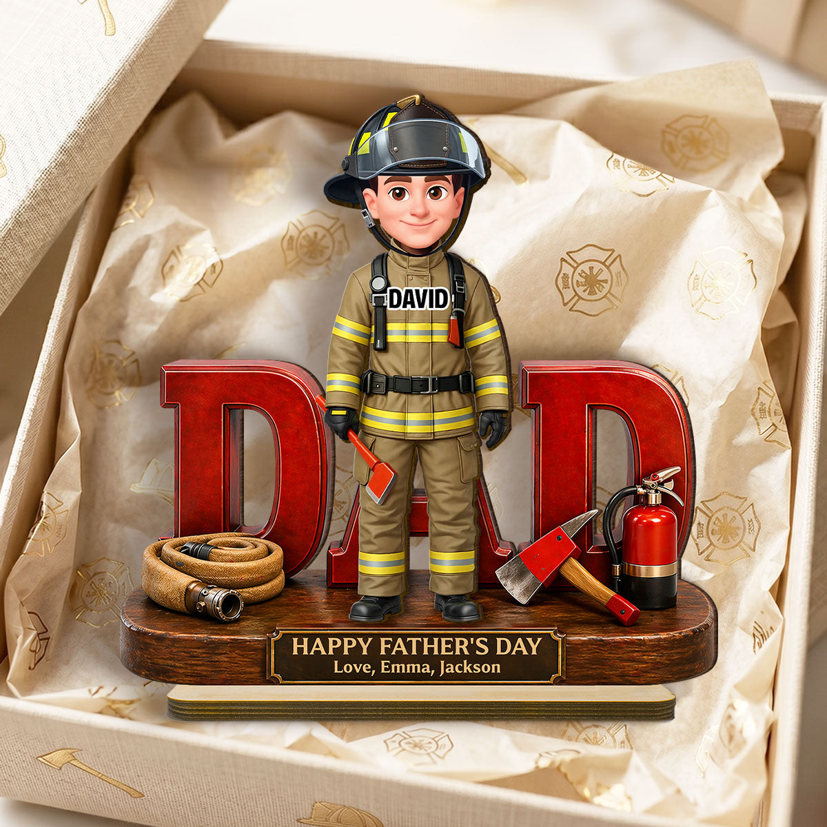 Proud American Firefighter Dad - Personalized 2-Layered Wooden Plaque - Father's Day Gift For Dad