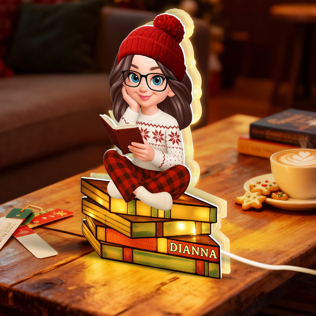3D Stained Glass Effect Christmas Cozy Vibe Pretty Girl Reading Book - Personalized Light Box