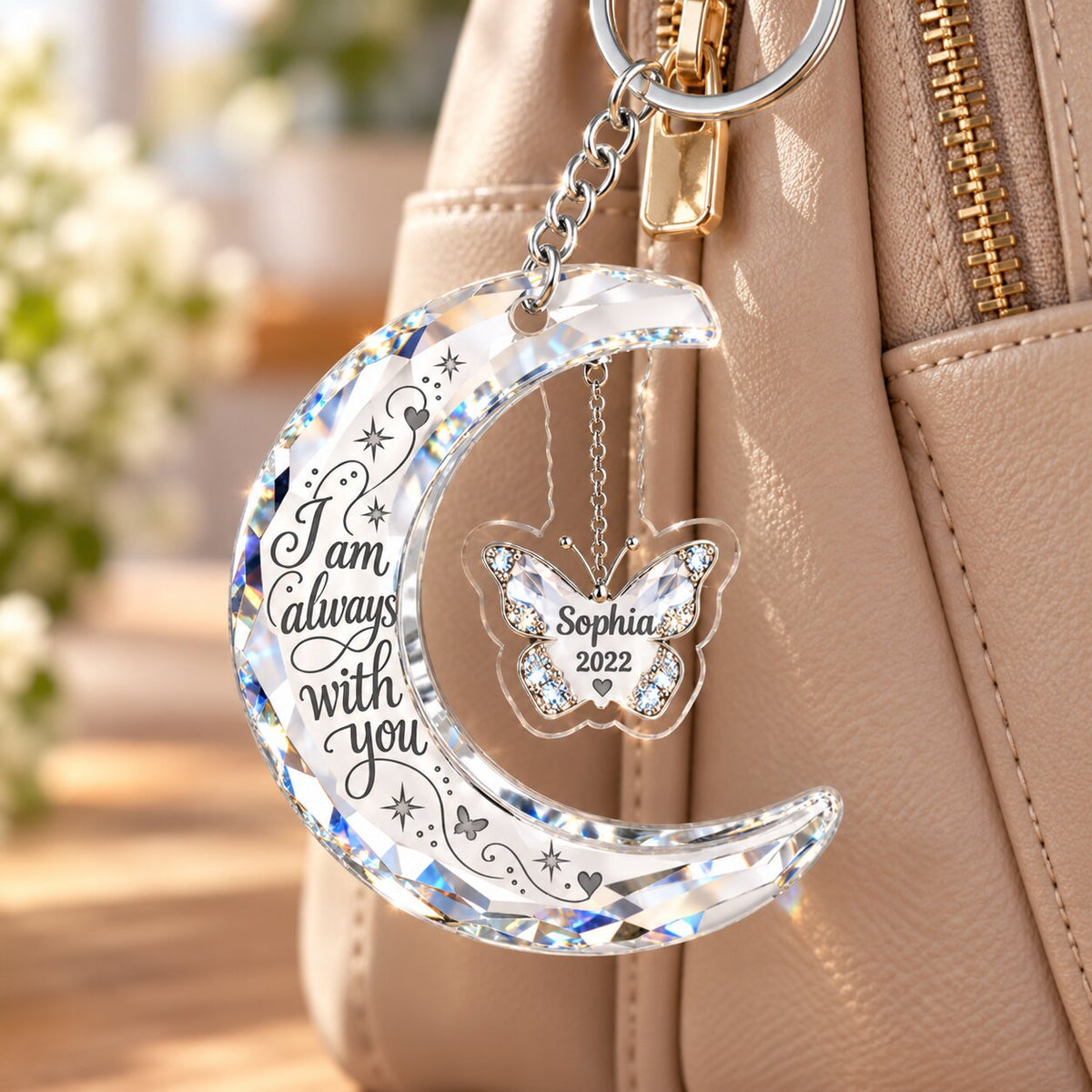 Always With You Memorial Crystal Moon & Butterfly Ornament 2D Flat - Personalized Acrylic Keychain - Sympathy Gift