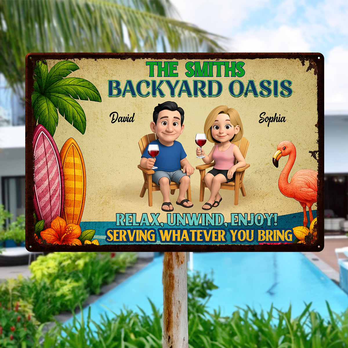 Backyard Oasis Serving Whatever You Bring, Personalized Metal Sign, Patio Decor, Pool Sign, Tiki Bar