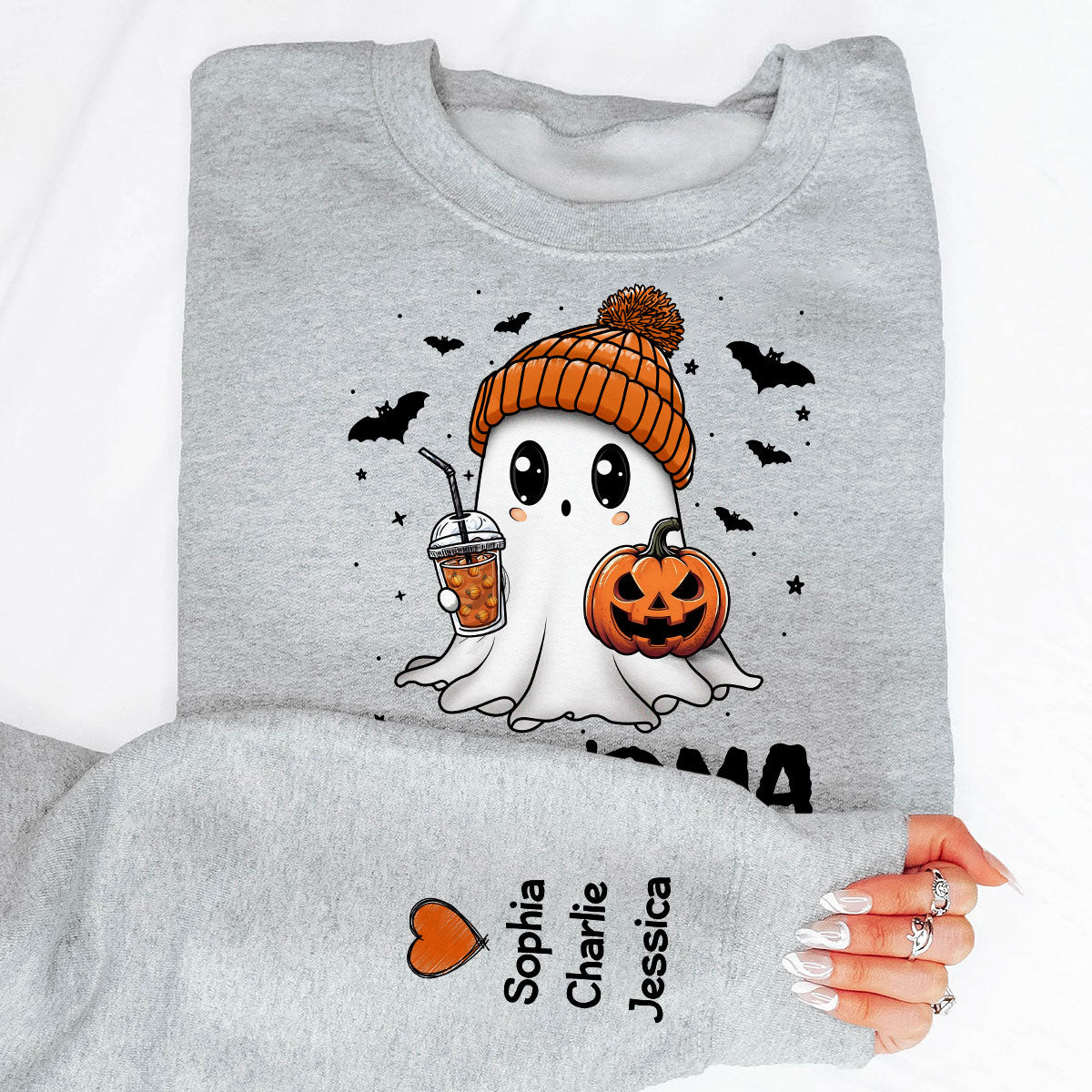 Fall Season Halloween Grandma Boo Personalized Sleeve Printed Sweatshirt, Gift For Grandma