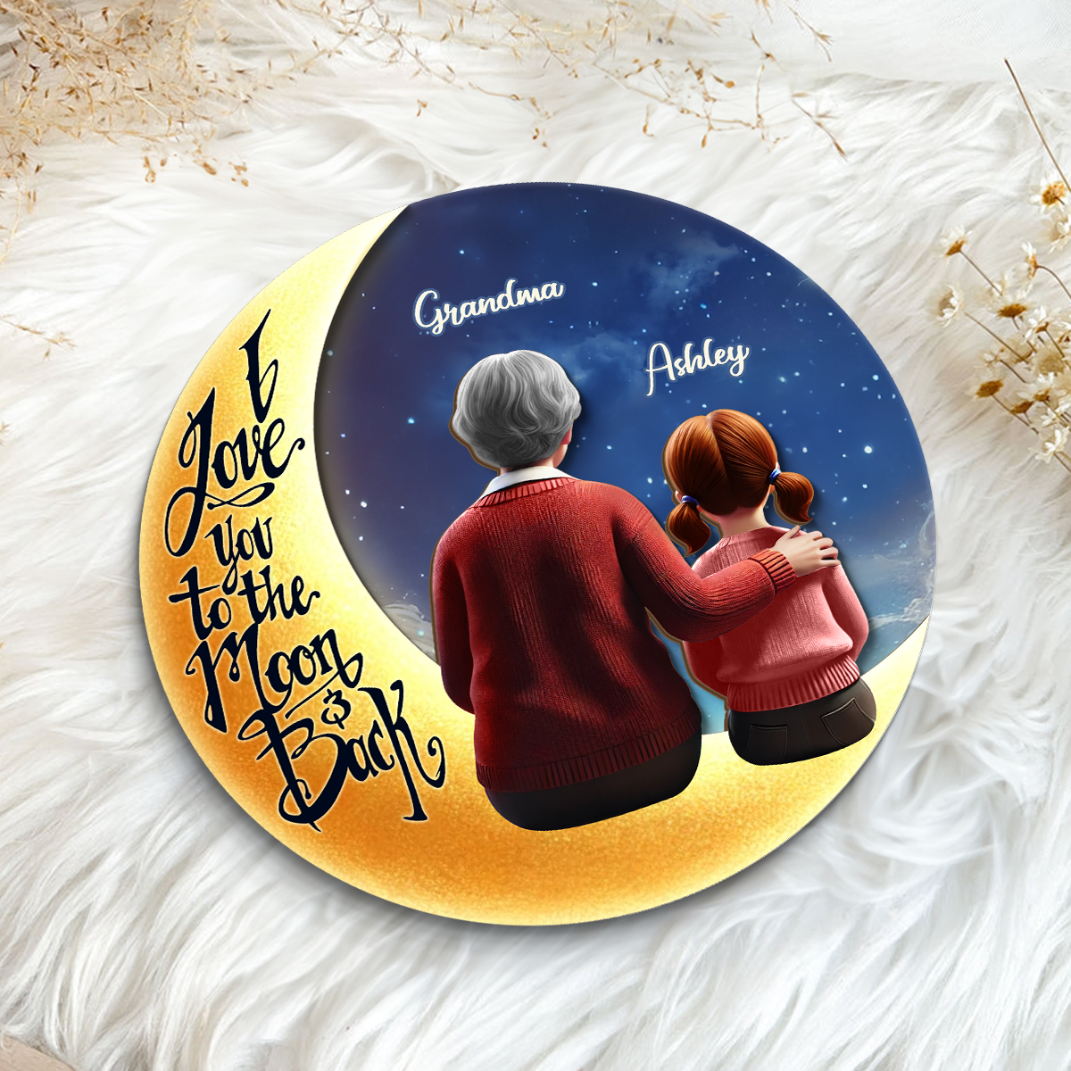 Starry Night Grandma & Granddaughter Sitting On Moon 3D Effect Personalized 2-Layered Wooden Plaque, Perfect 2025 Gift For Mom, For Grandma