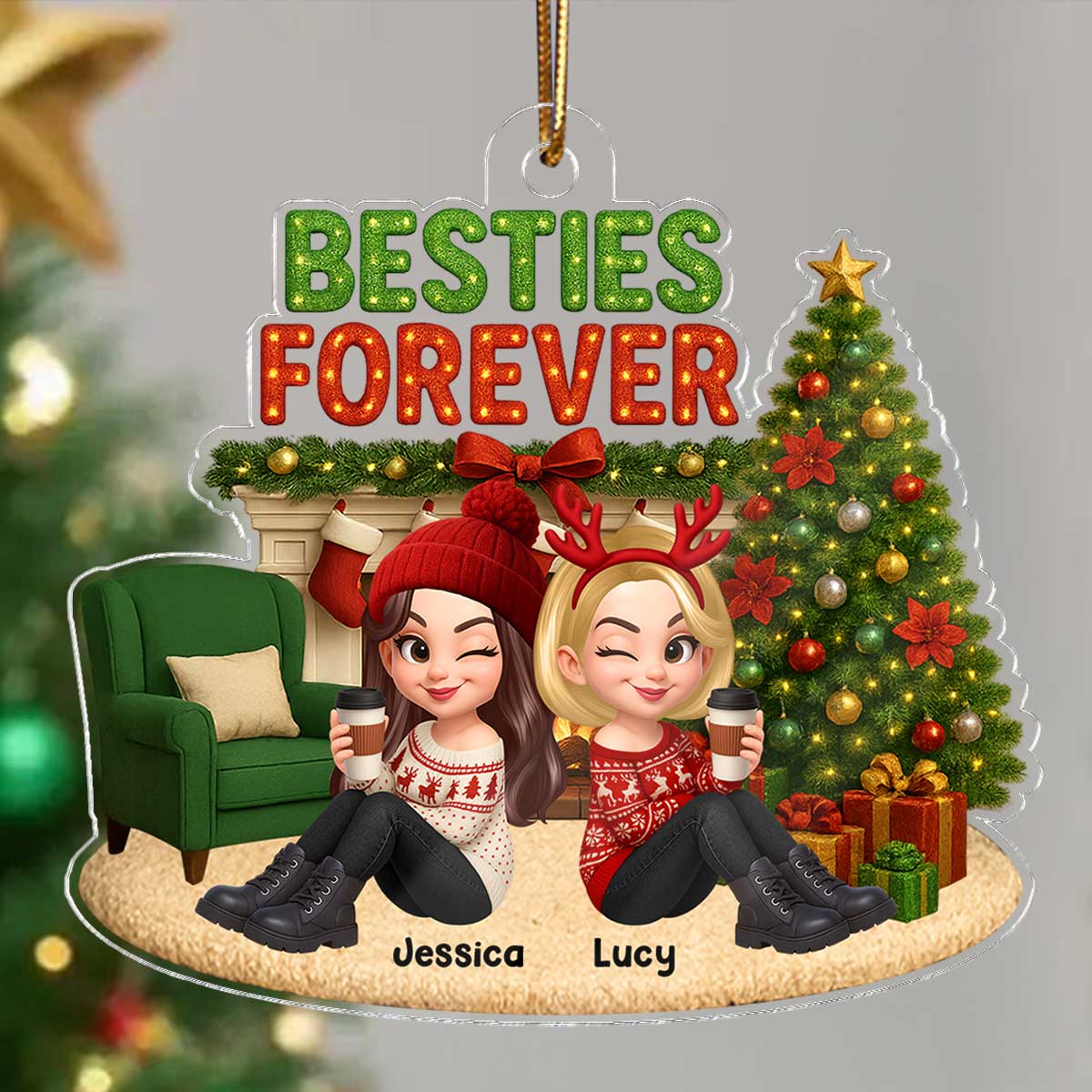 Christmas Besties Forever Cozy Fireplace - Personalized Acrylic Ornament - Gift For Best Friends