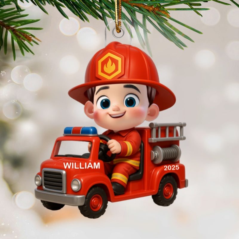 3D Effect Little Kid Boy Dream Job Firefighter Christmas Personalized Acrylic Ornament