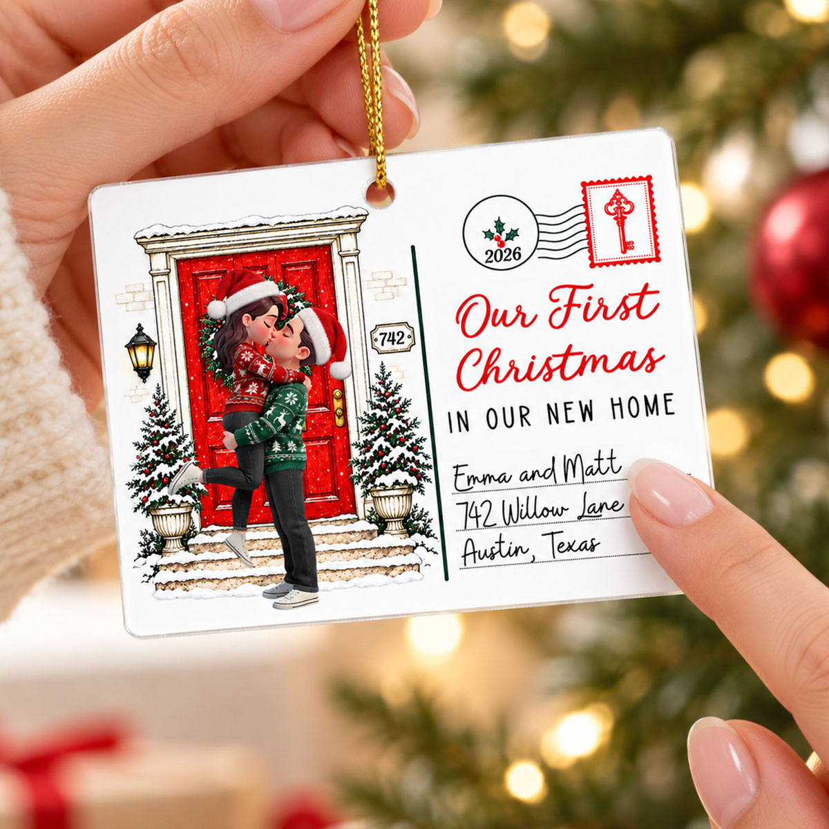 Our First Christmas In Our New Home Custom Couple & Address - Personalized Acrylic Ornament - Christmas Gift For Couples, Husband, Wife, New Homeowners