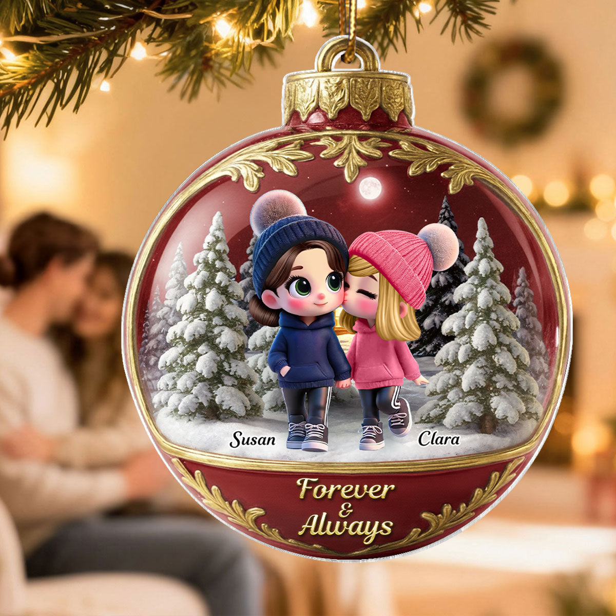 3D Effect Snow Globe Cartoon Couple Walking - Personalized Acrylic Ornament - Christmas Gift for him, Gift for her