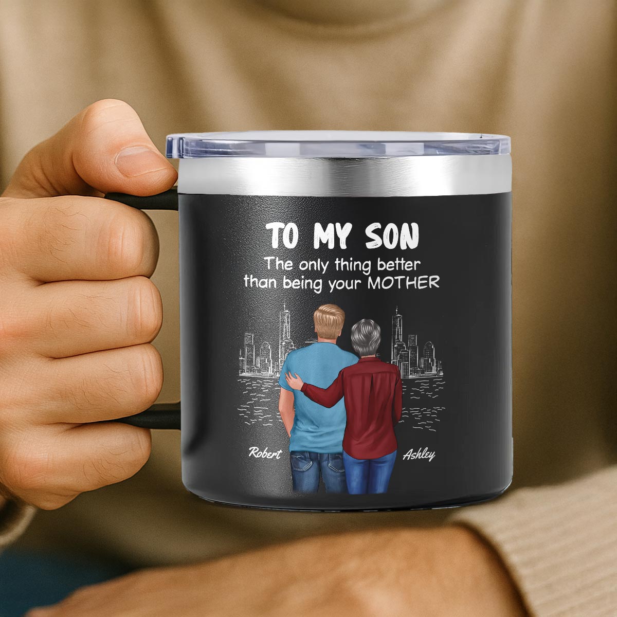 From Mom Dad To Son Watching You Be A Dad Personalized Stainless Steel Tumbler With Handle, Gift For Son