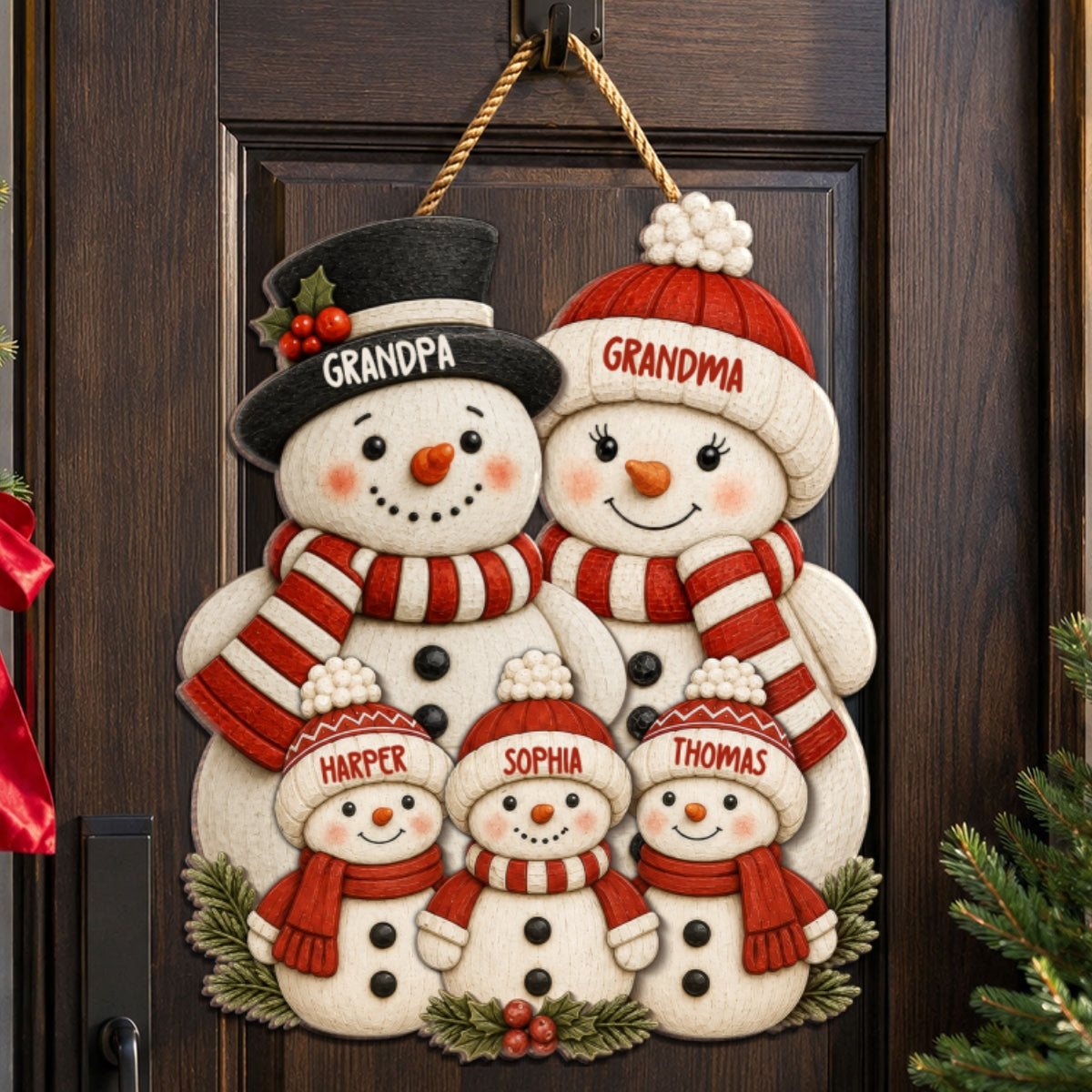 Cute Snowman Grandparents & Grandkids 2D Flat Printed - Personalized Wooden Sign - Christmas Decor For Family, Grandma, Grandpa