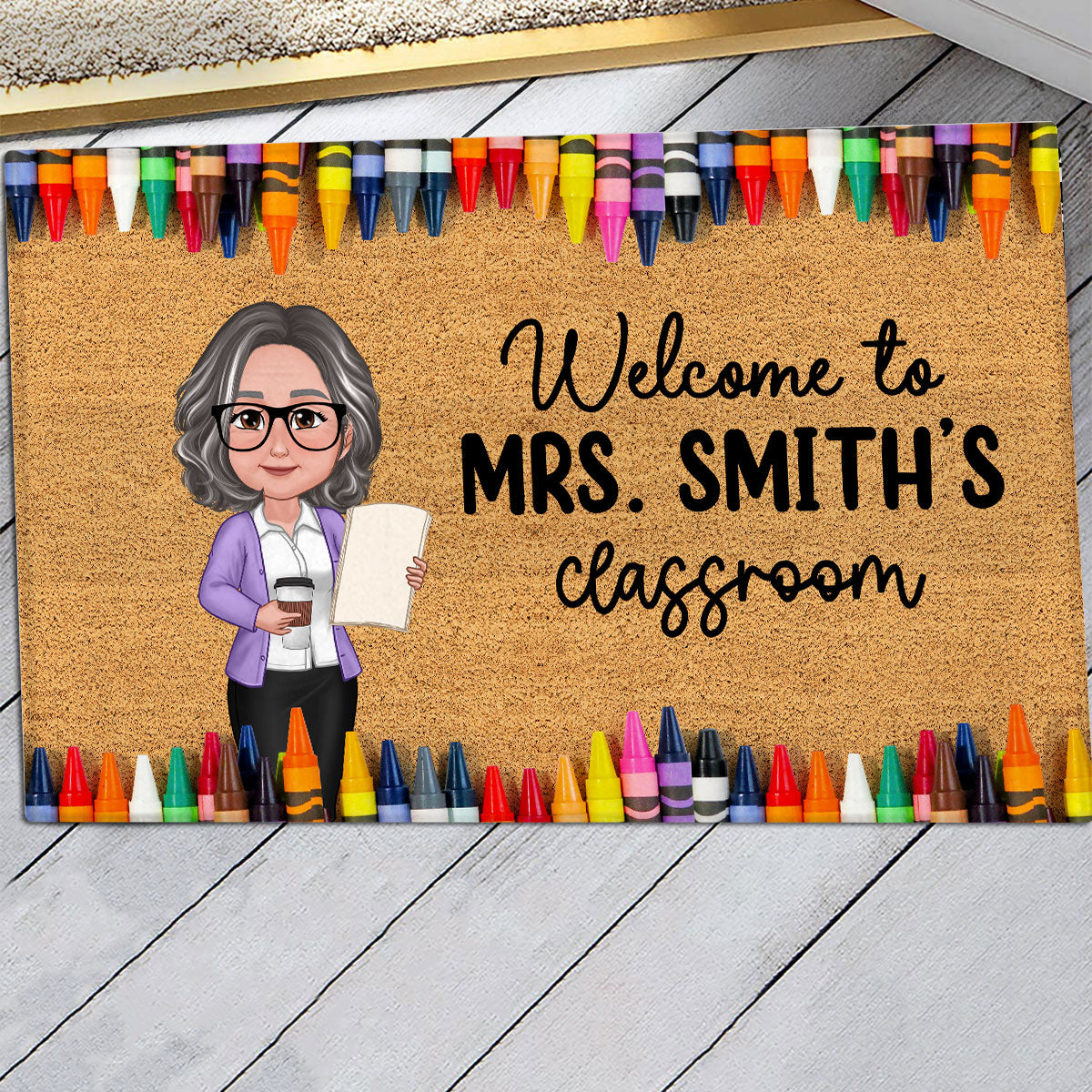 Teacher Classroom Crayon Border - Personalized Doormat - Back To School Gift, Classroom Decoration