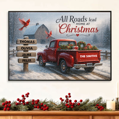 All Roads Lead Home at Christmas - Personalized Poster - Family Christmas Sign with Names, Christmas Home Decor