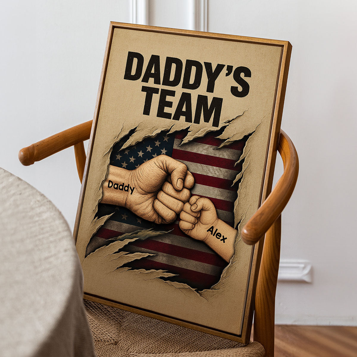 Daddy's Team Fist Bump Torned Flag Personalized Poster, Father's Day Gift for Dad