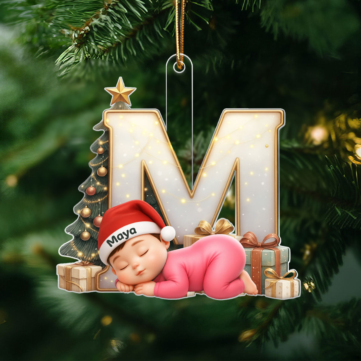 Baby Sleeping Initial Letter Monogram - Personalized Acrylic Ornament - Christmas Gift for Grandkids, Baby, Newborn