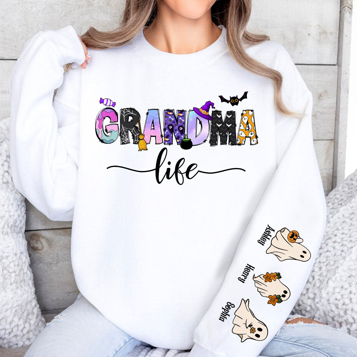Halloween Grandma Nana Life Personalized Sleeve Printed Sweatshirt