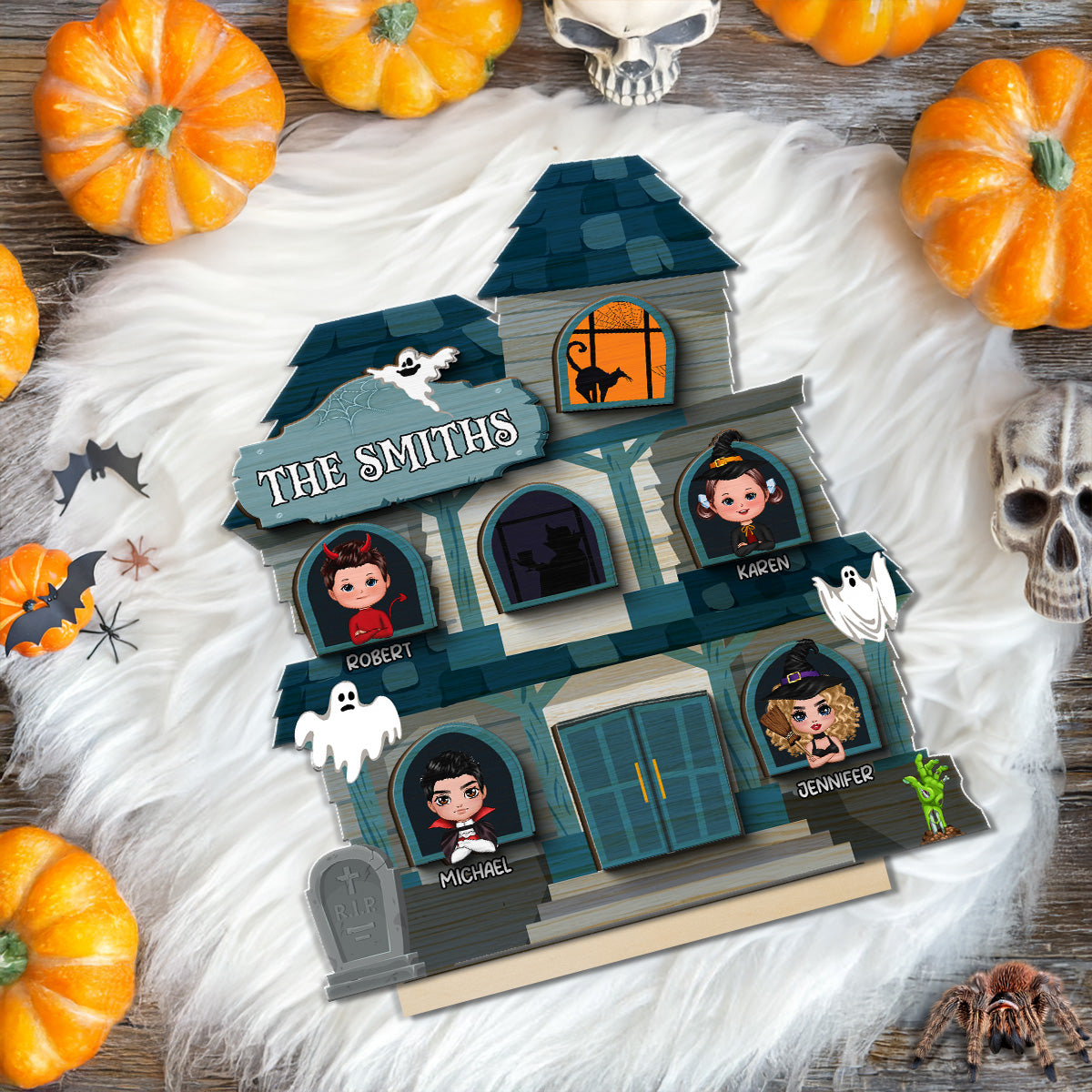 Halloween Spooky House Family Tabletop Tiered Tray Decor Personalized 2-Layer Wooden Stand