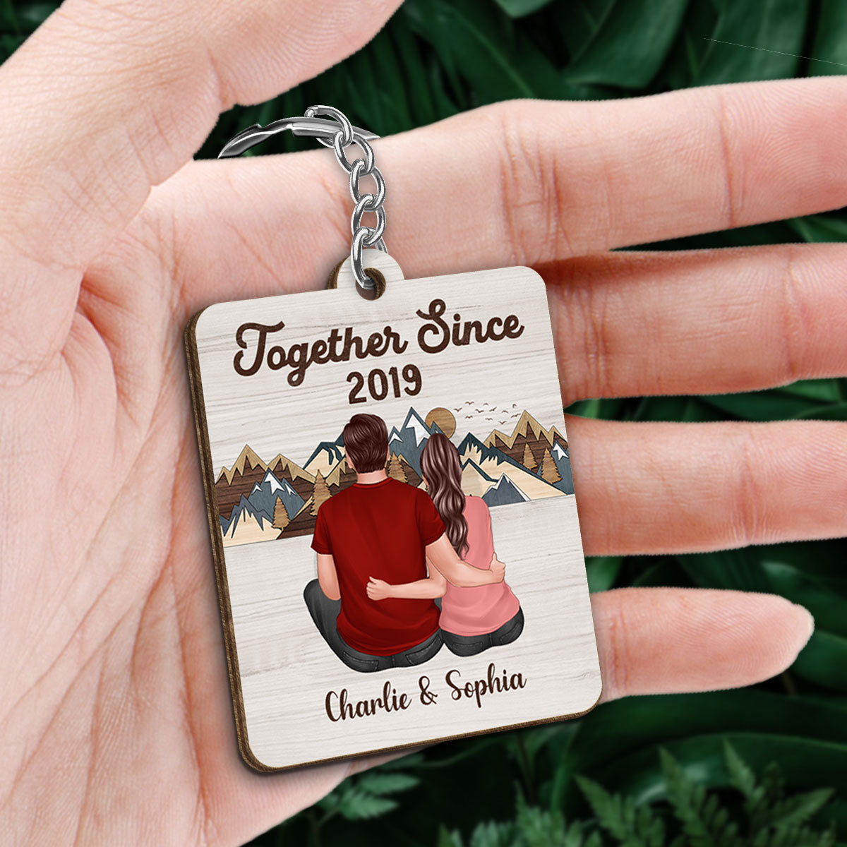 Back View Couple Sitting Hugging Favorite Song QR Code Mountain Layer Effect Personalized Wooden Keychain