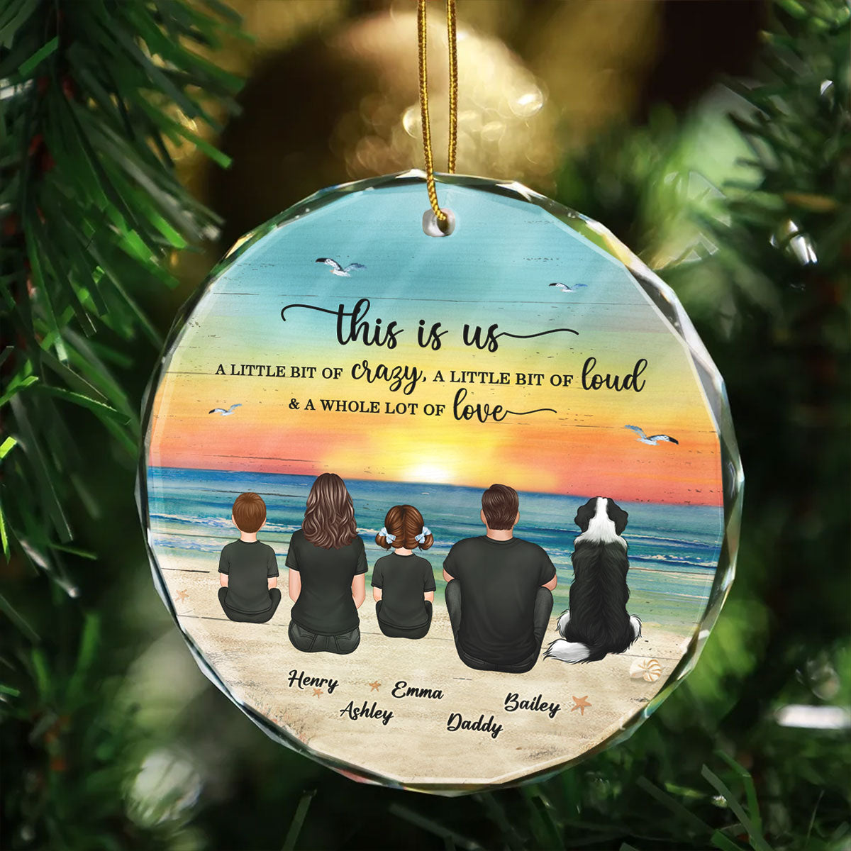 Family Sitting Back View Retro Vintage Beach Landscape Personalized Circle Glass Ornament