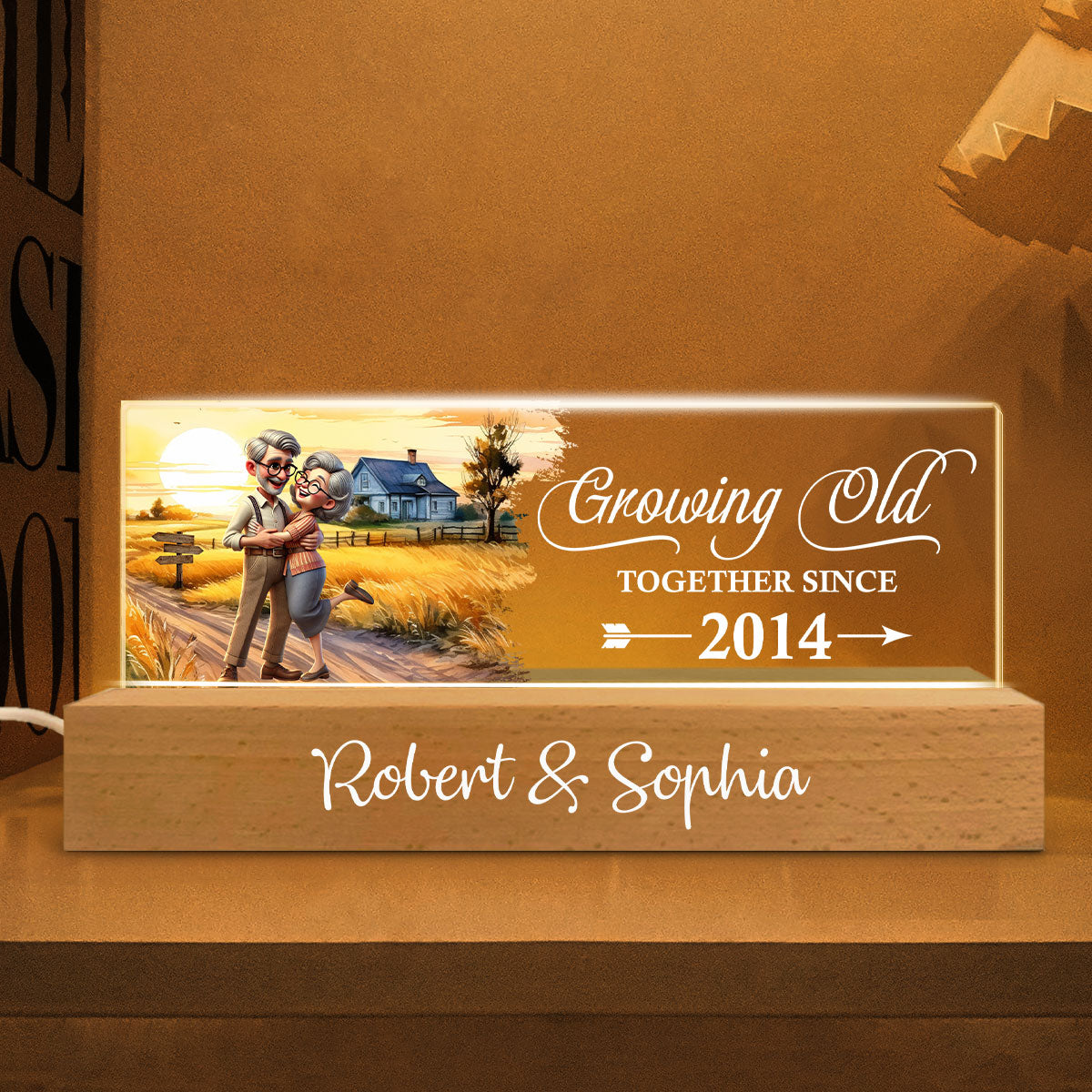 Happy Old Couple Vintage Farmhouse Personalized Acrylic Block LED Night Light, Anniversary  For Him, For Her, Husband, Wife