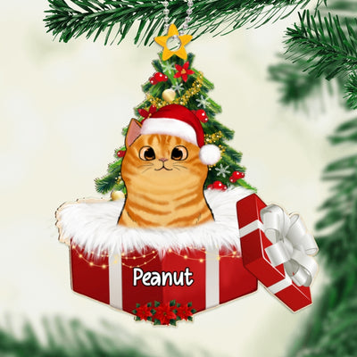 Cats In Christmas Gift Box Personalized Wooden Ornament