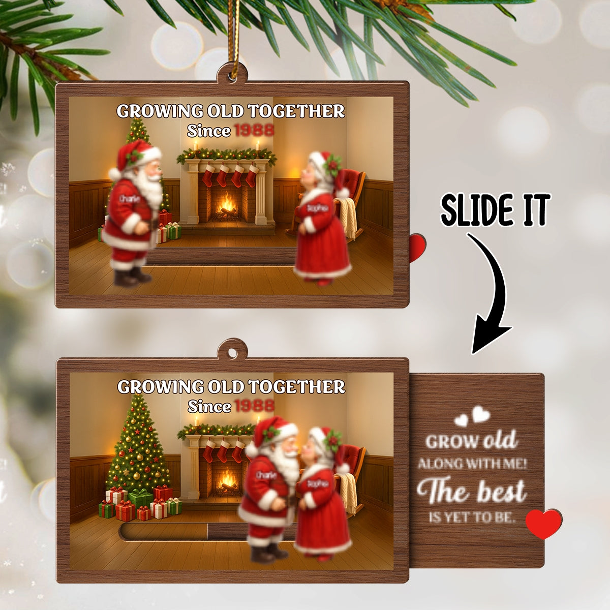 Santa Couple Growing Old Together Personalized Slide Ornament, Perfect Christmas Gift For Couples, For Her, For Him, For Wife, For Husband