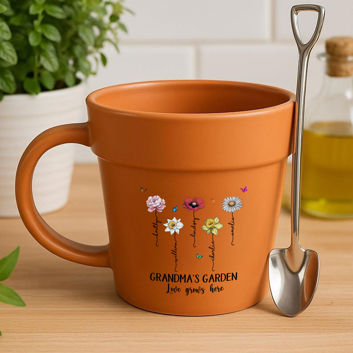 Grandma's Garden Love Grows Here Vintage Birth Month Flower Personalized Plant Pot Ceramic Mug
