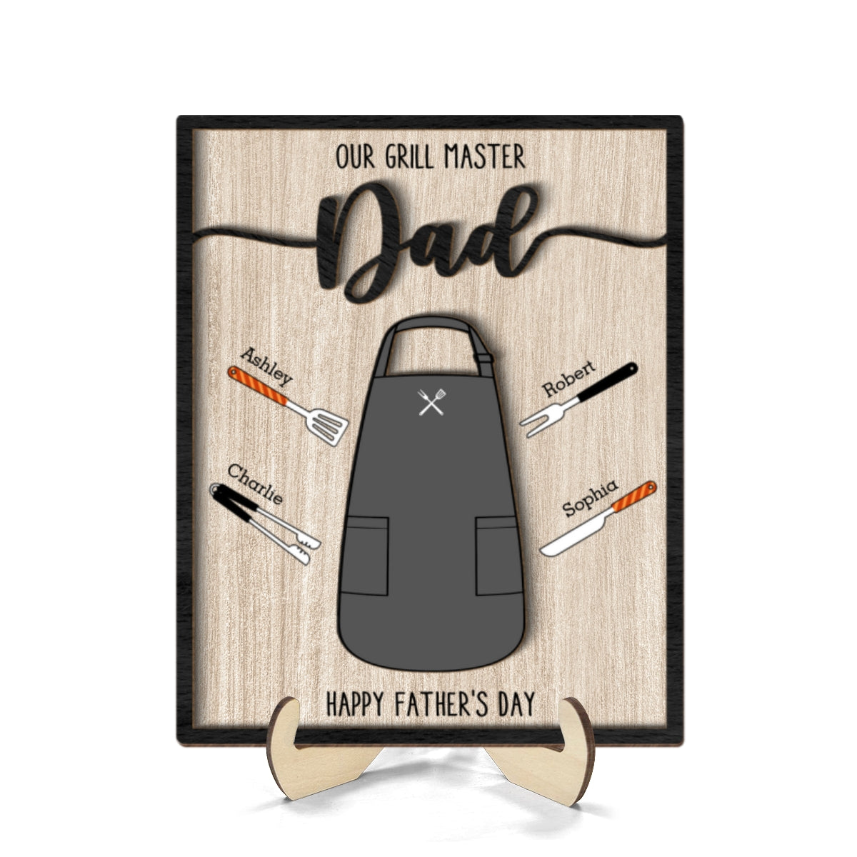 Our Grill Master Apron And Tools With Kids' Names Personalized 2-Layer Wooden Plaque, Father's Day Gift For Husband, For Dad, For Grandpa