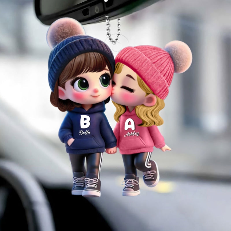 3D Effect Cute LGBTQ Cartoon Couple Summer Vibe Personalized Acrylic Car Ornament, Pride Month Gift