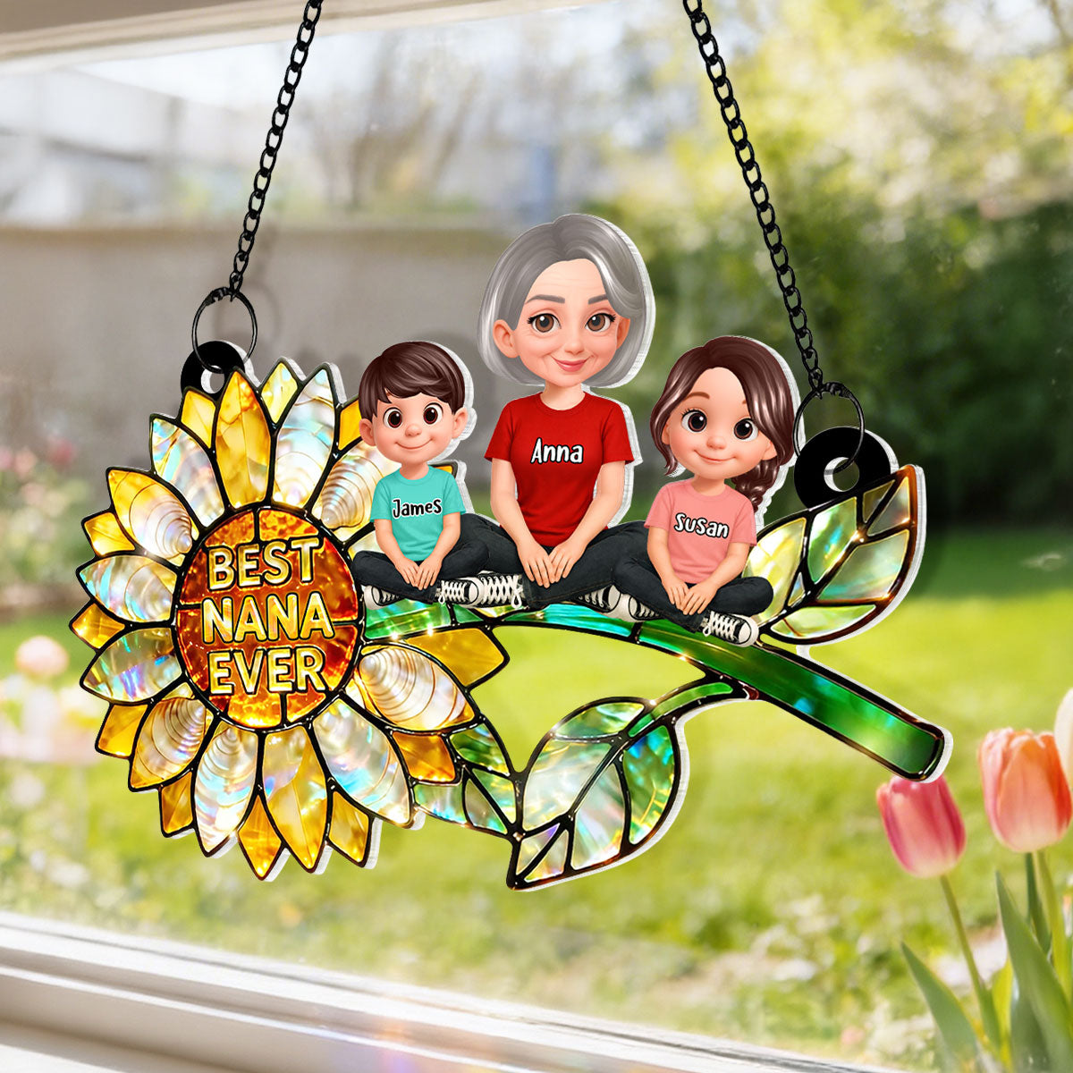 Sunflower Grandma and Grandkids Sitting - Personalized Window Hanging Suncatcher - Mother's Day Gift for Mom, Wife