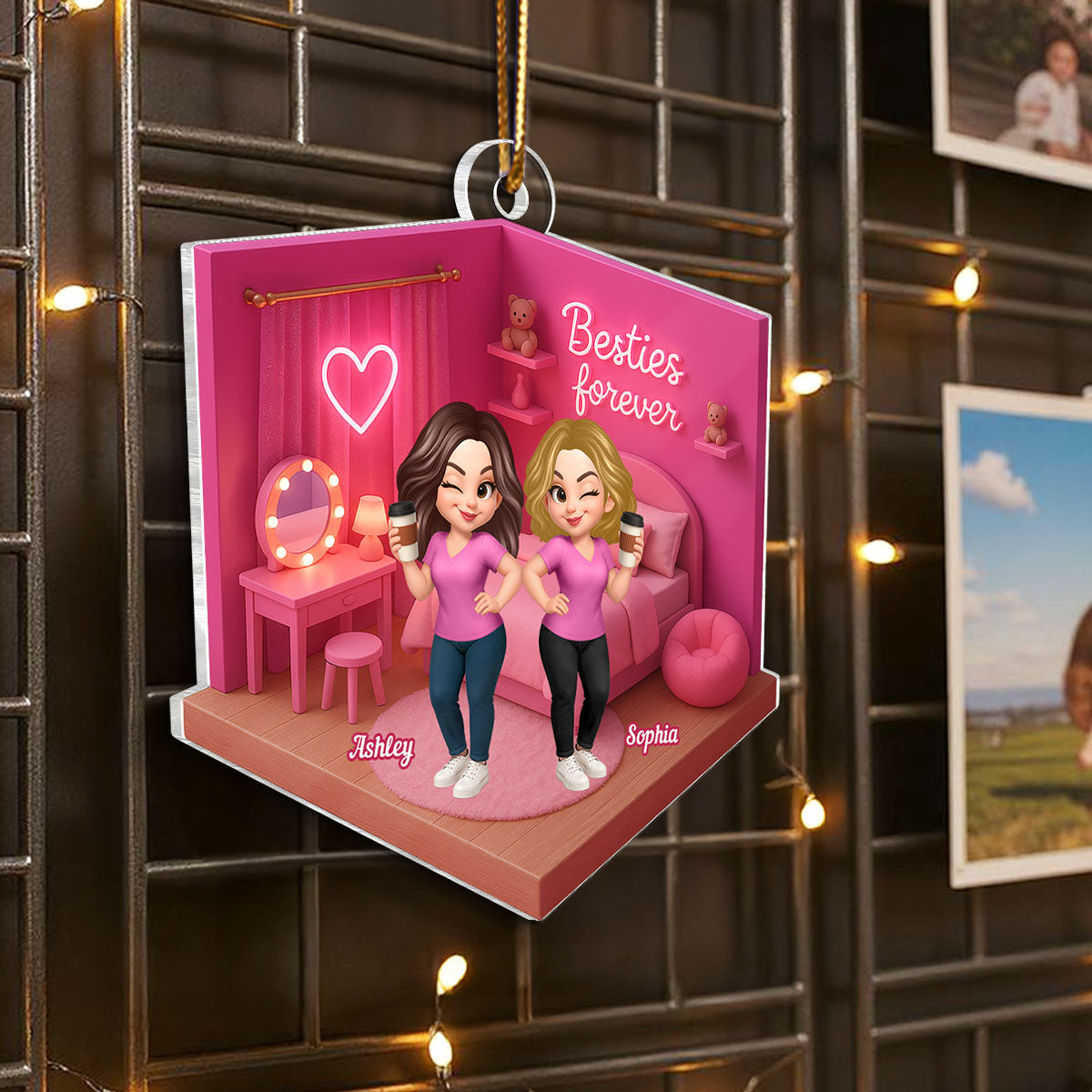 3D Effect Besties Pink Tone Dream Dollhouse Personalized Flat Acrylic Ornament