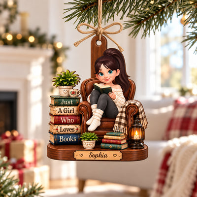 Just a Girl Who Loves Books - Personalized Wooden Ornament - Christmas Gift for Book Lovers, Daughter, Wife, Friend, Gift for Her