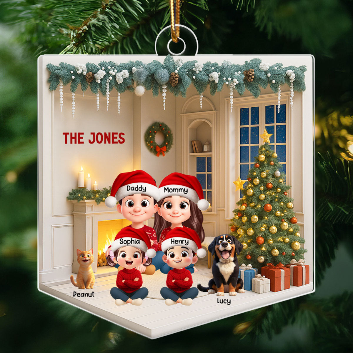 3D House Interior Family Sitting - Personalized Acrylic Ornament - Christmas Gift for Family