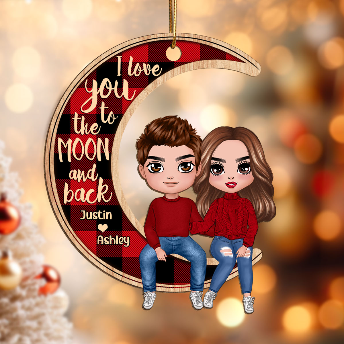 Couple Sitting On Moon Christmas Personalized Wooden Ornament