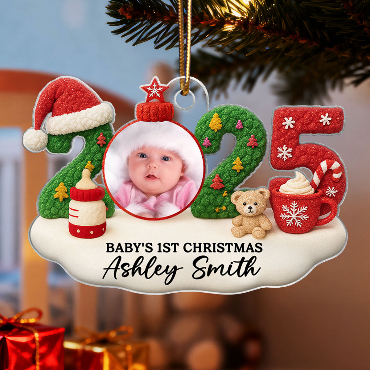 Baby Photo 2025 First Christmas Latch Hook Yarn Faux - Personalized Acrylic Ornament - Christmas Gift for New Parent, Newborn Keepsake
