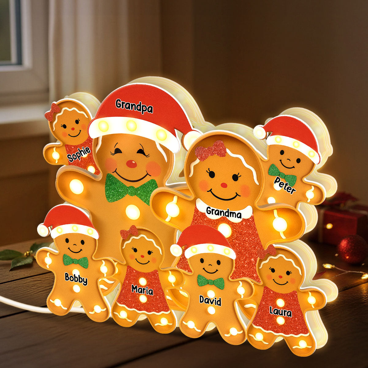 Gingerbread Family Marquee Effect Personalized LED Light Box, Christmas Decoration