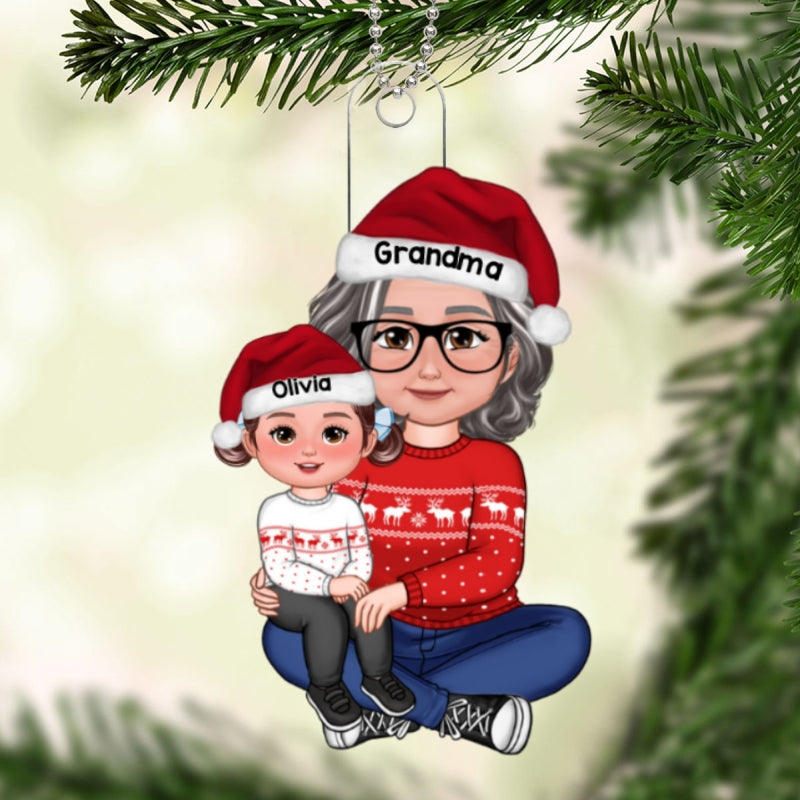Happy Face Grandkid Sitting On Grandma Lap Christmas Gift For Granddaughter Grandson Personalized Acrylic Ornament
