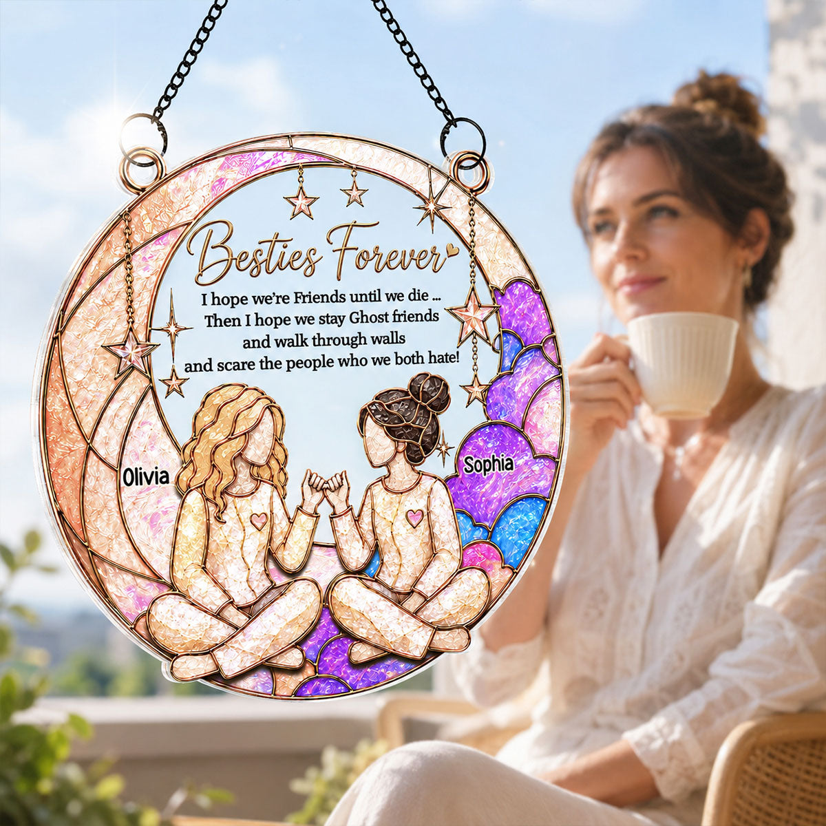 Besties Forever Pinky Promise Moon Theme - Personalized Acrylic Suncatcher - Friendship Keepsake For Best Friends