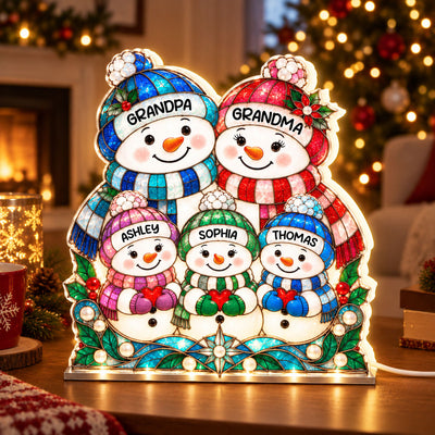 Cute Snowman Grandparents & Grandkids Stained Glass Style 2D Flat Printed - Personalized Light Box - Christmas Decor For Family, Grandma, Grandpa