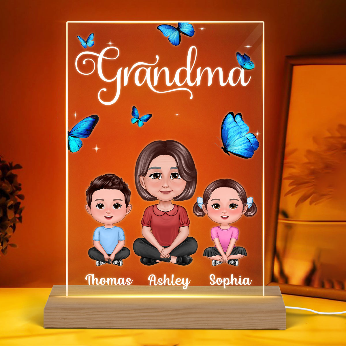 Pretty Doll Grandma Grandkids Blue Butterflies Personalized Rectangle Acrylic LED Night Light