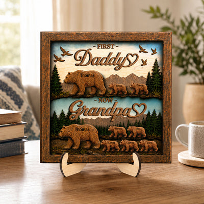 First Dad Now Grandpa Bear with Kids Name - Personalized 2-Layered Wooden Plaque