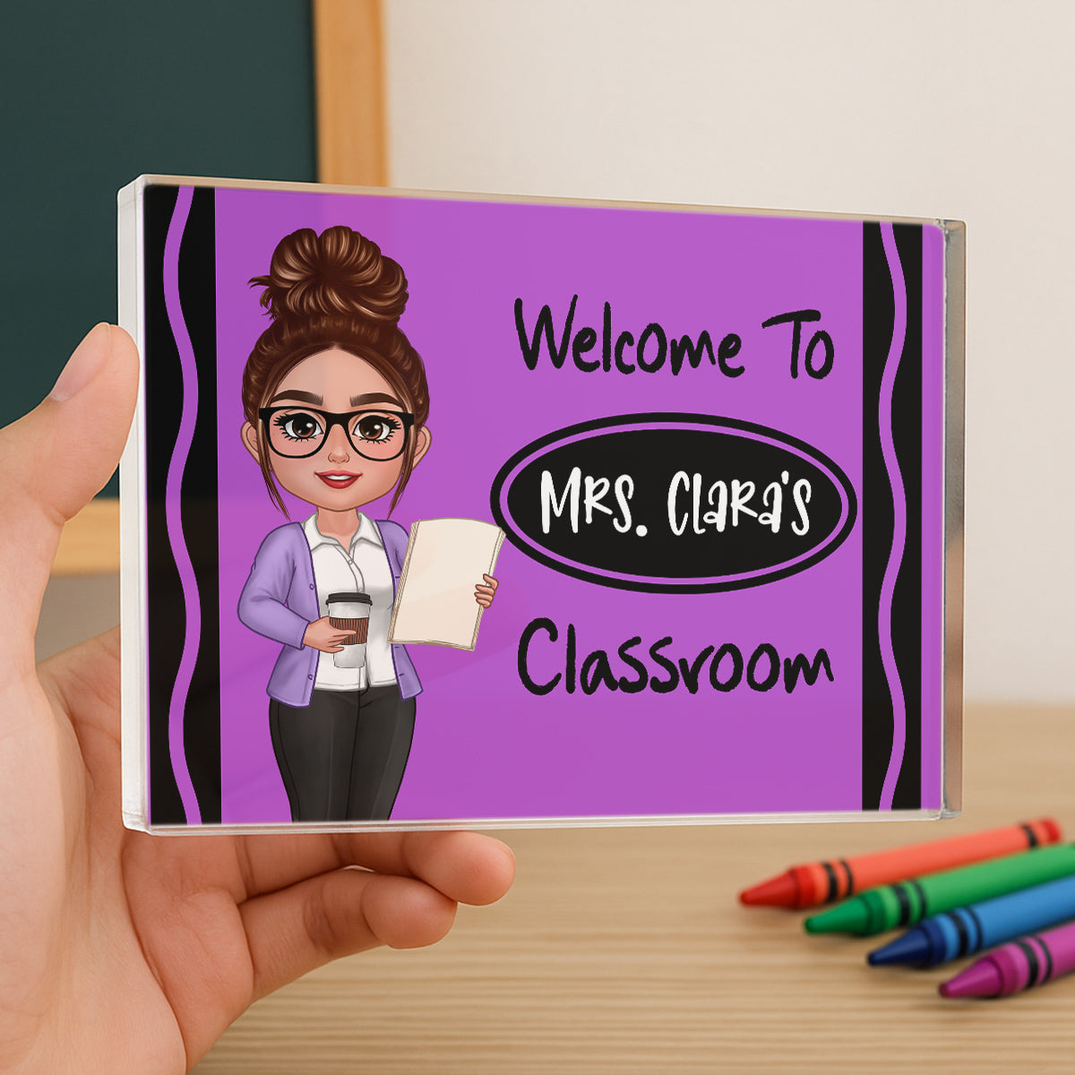 Teacher Crayon Welcome To Classroom Personalized Rectangle Acrylic Block Plaque