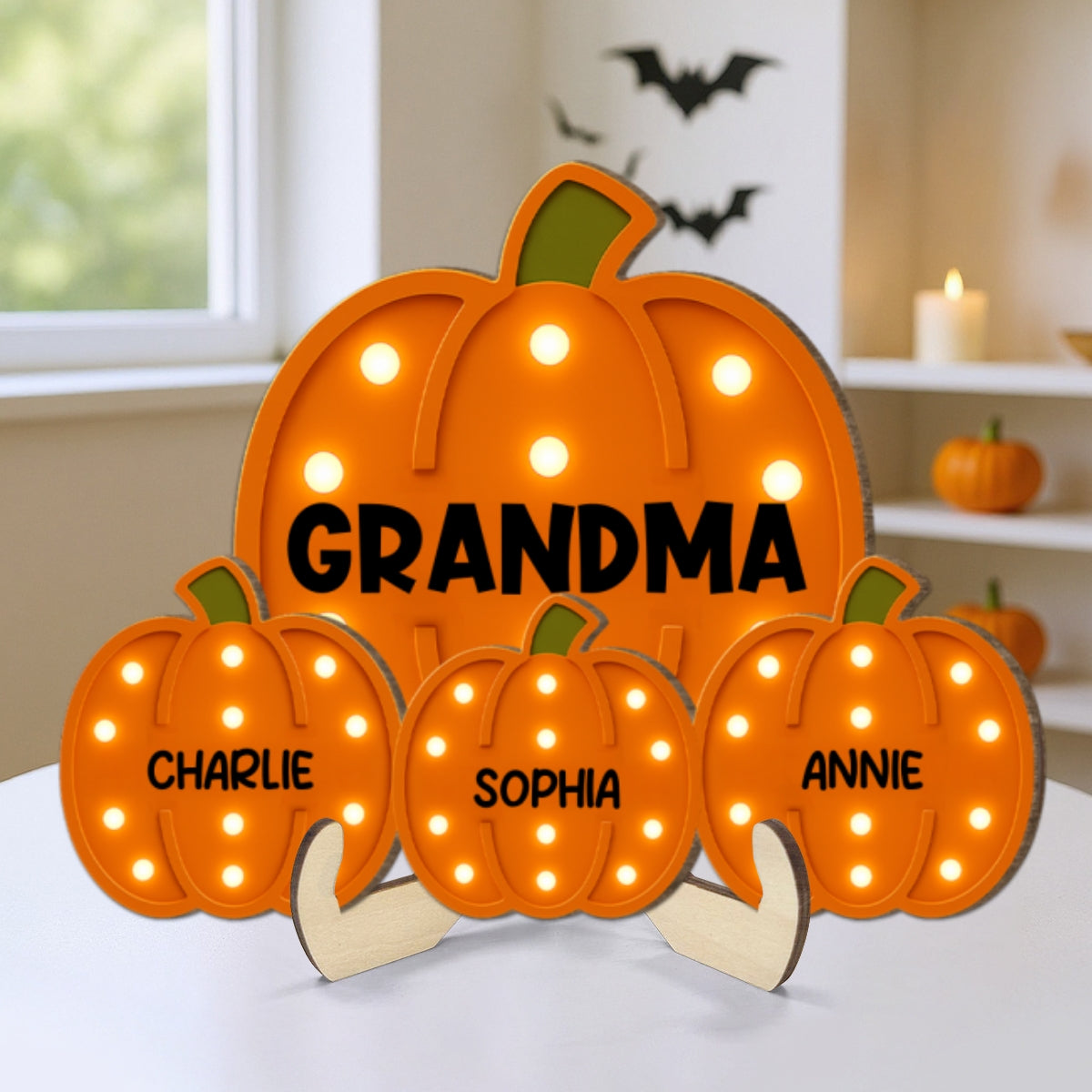 Grandma Little Pumpkins Faux Marquee Pattern Personalized 2-Layer Wooden Plaque, Cozy Fall Season Home Decor