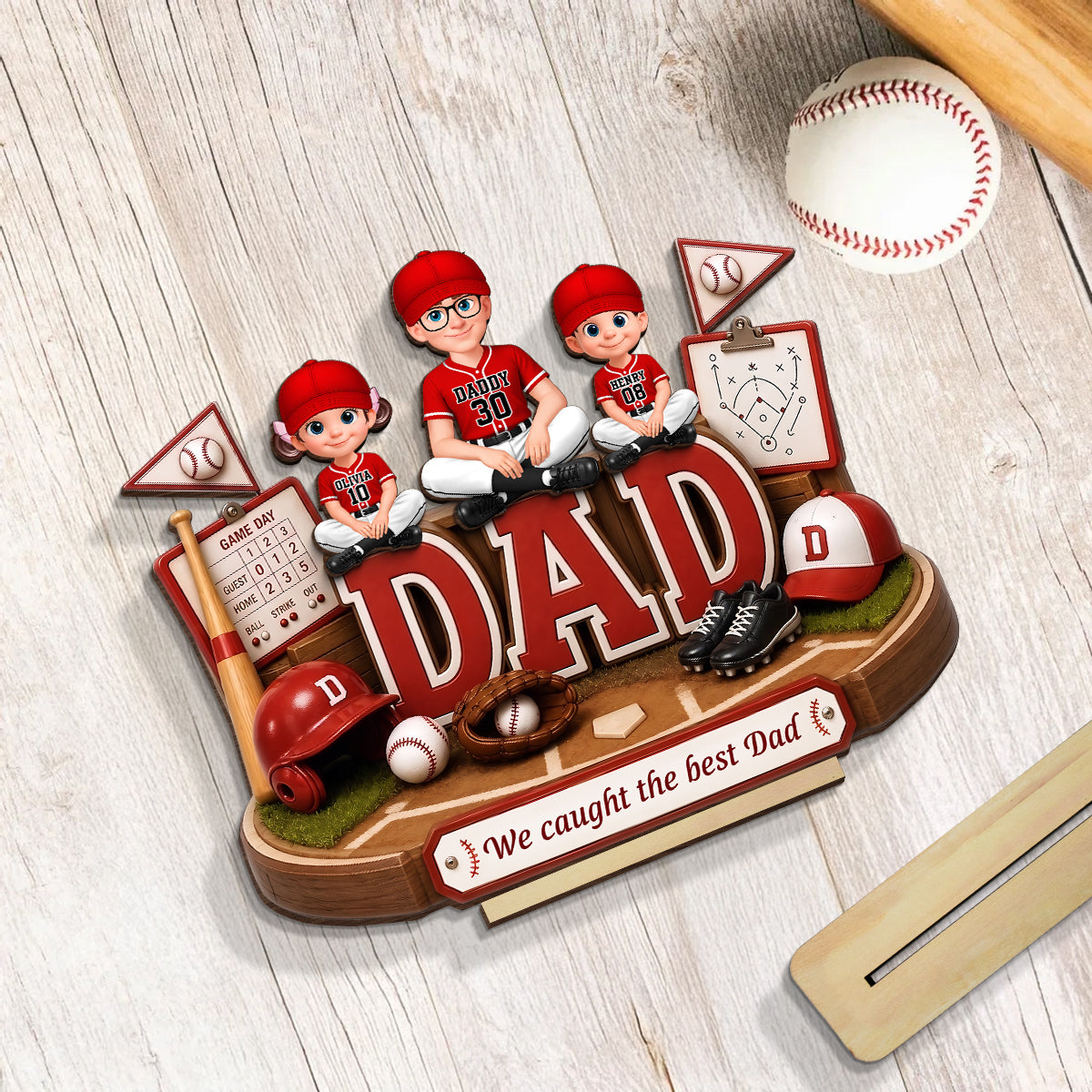 Baseball Dad Kids We Caught The Best Dad - Personalized 2-Layered Wooden Plaque - Father's Day Gift For Dad, Husband