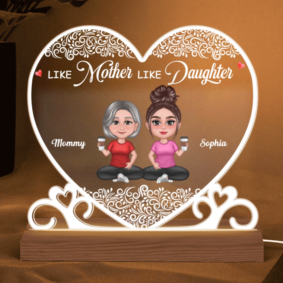 Pretty Doll Mother Daughters Heart Swirl Personalized Acrylic Custom Shape LED Night Light