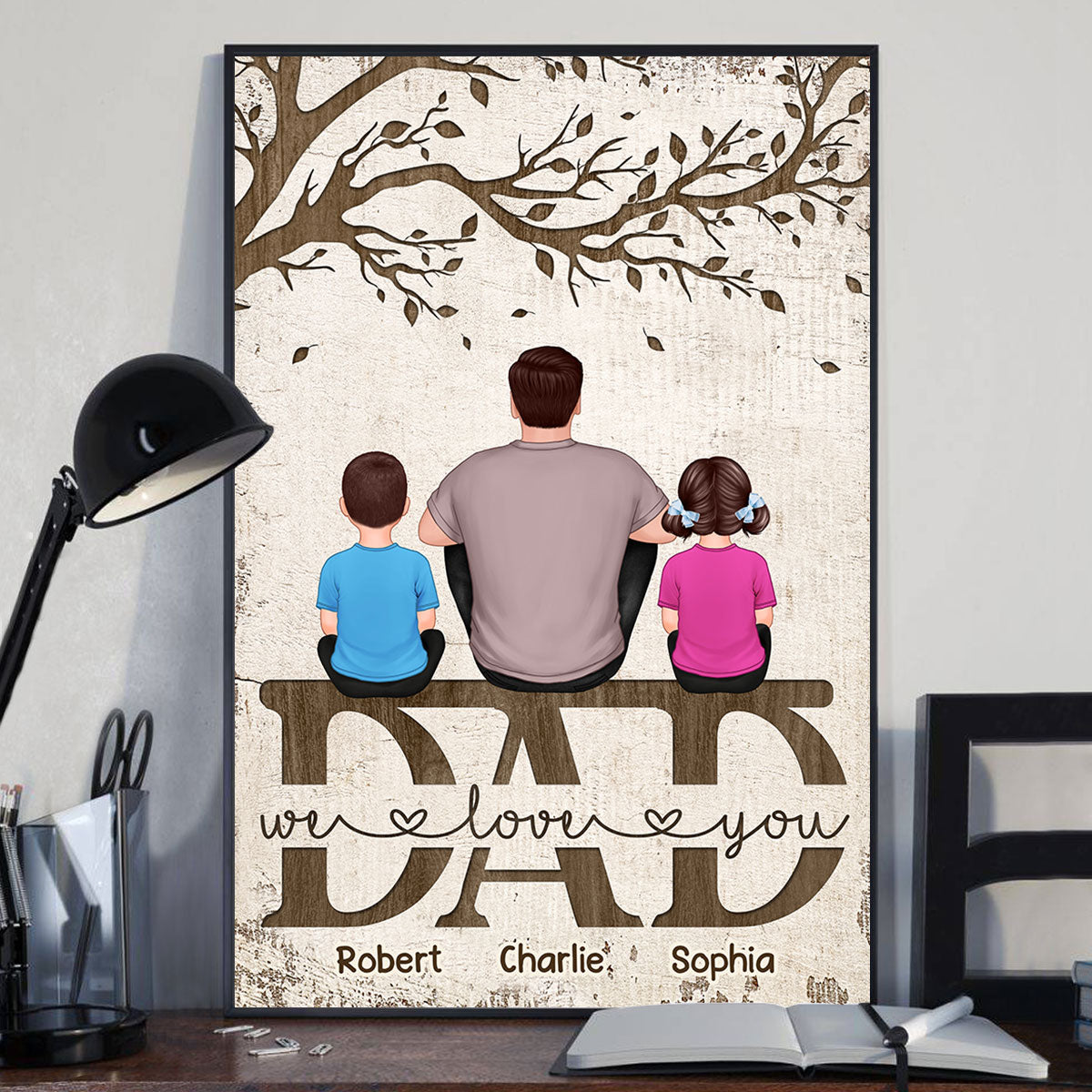 Dad We Love You Back View Sitting Dad & Kids Personalized Vertical Poster