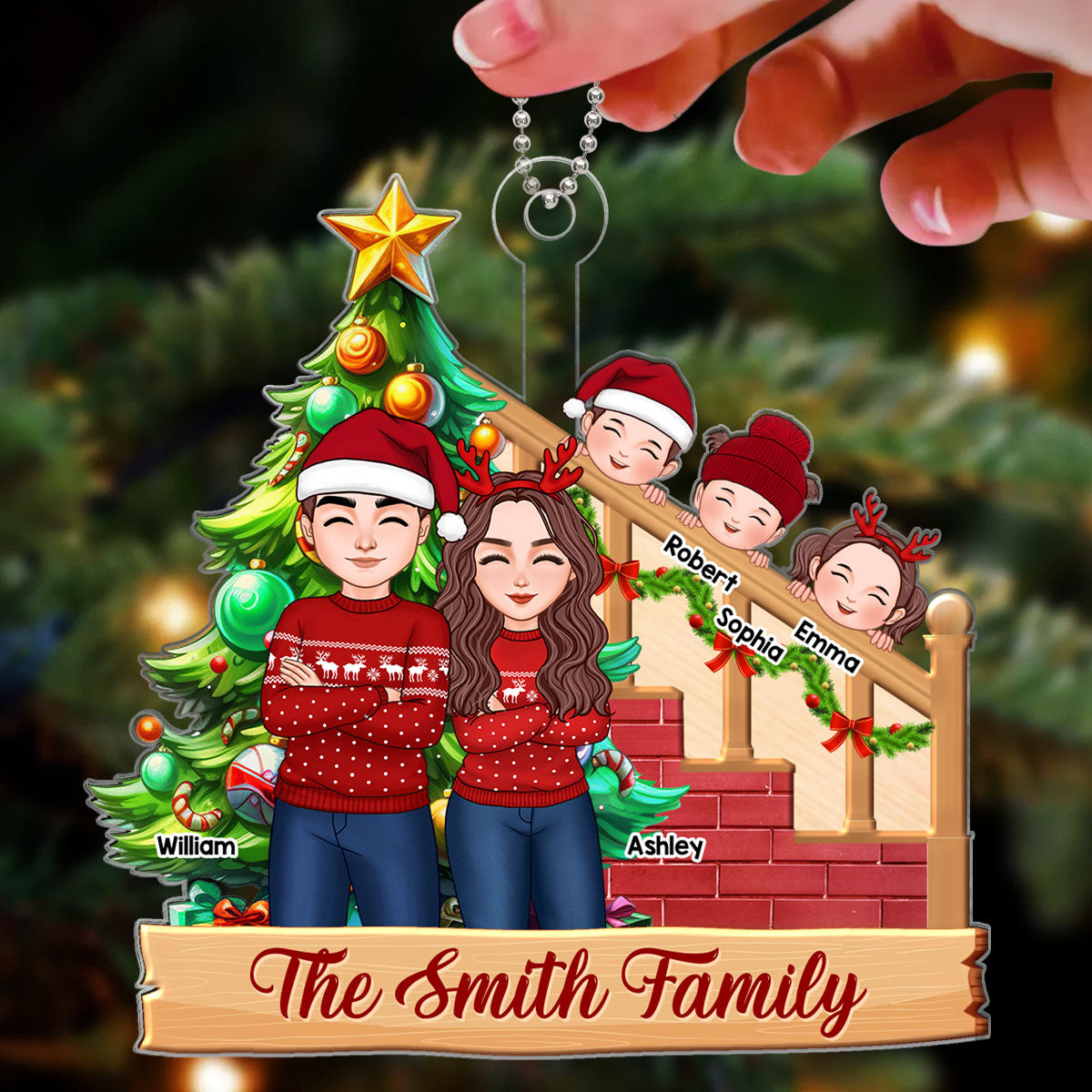 Cute Family Sitting By The Christmas Tree Personalized Acrylic Ornament