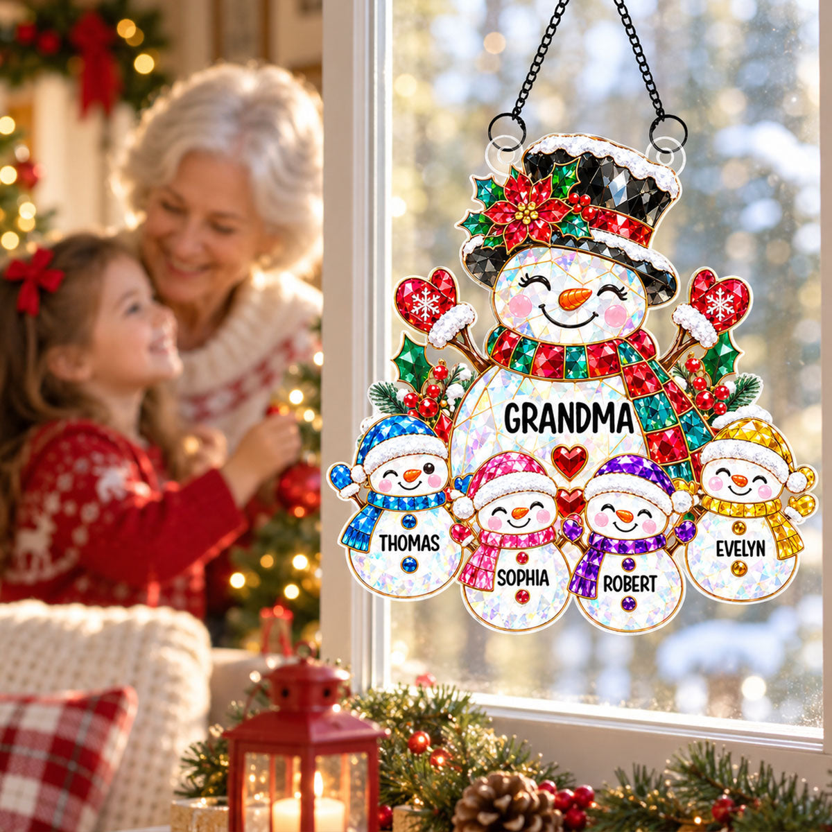 Grandma's Little Snowmen - Personalized Acrylic Window Hanging - Christmas Gift For Grandma