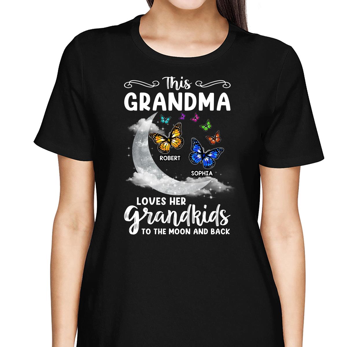 Grandma Loves Grandkids Moon And Back Butterflies Personalized Shirt