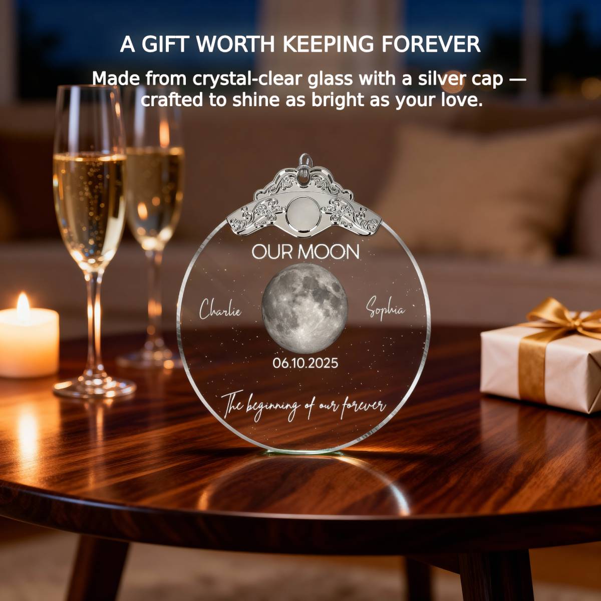 Custom Moon Phase Couple Anniversary Date The Beginning Of Our Forever - Personalized Glass Ornament With Silver Cap