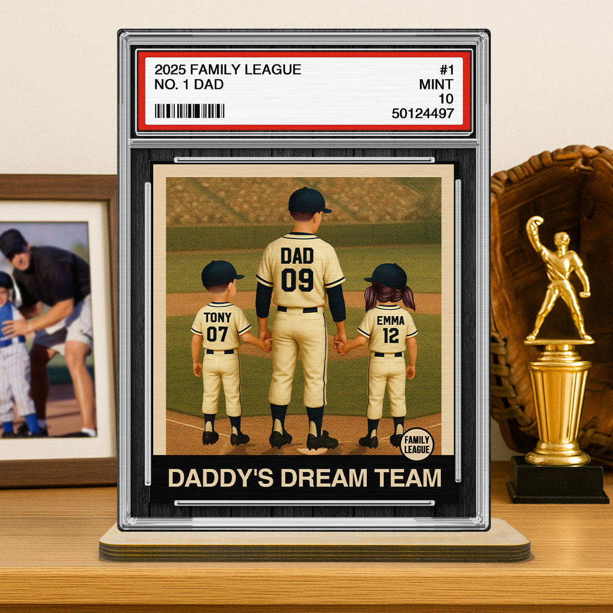 Baseball No. 1 Dad Man & Kids Trading Card Style Personalized 2-Layer Standing Wooden Plaque
