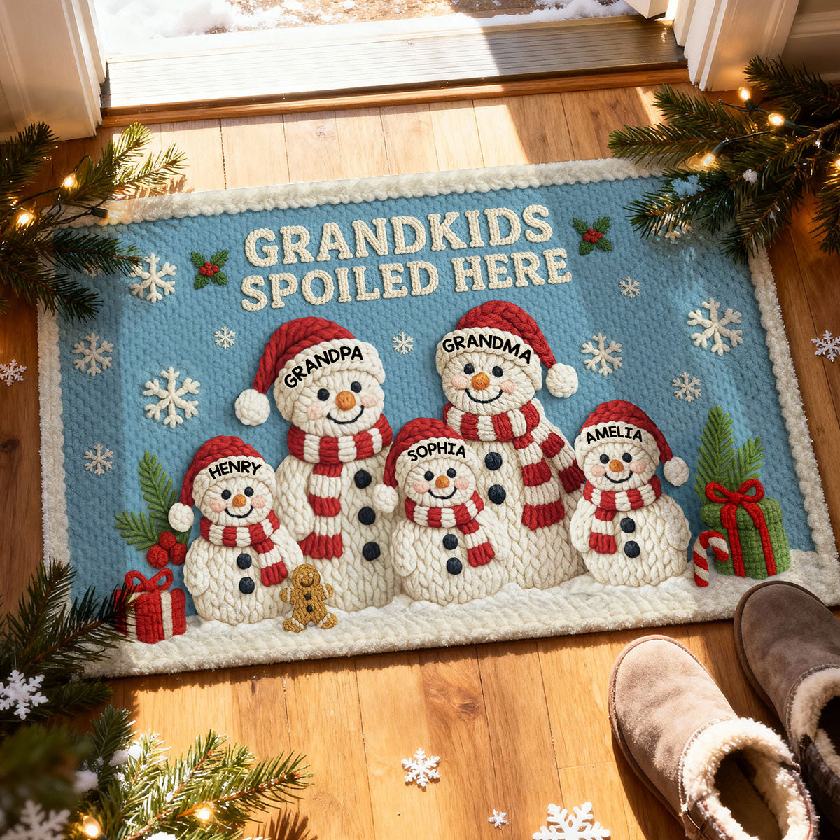 Grandma Grandpa Grandkids Snowman Crochet Faux Yarn Texture - Personalized Doormat - Christmas Decoration