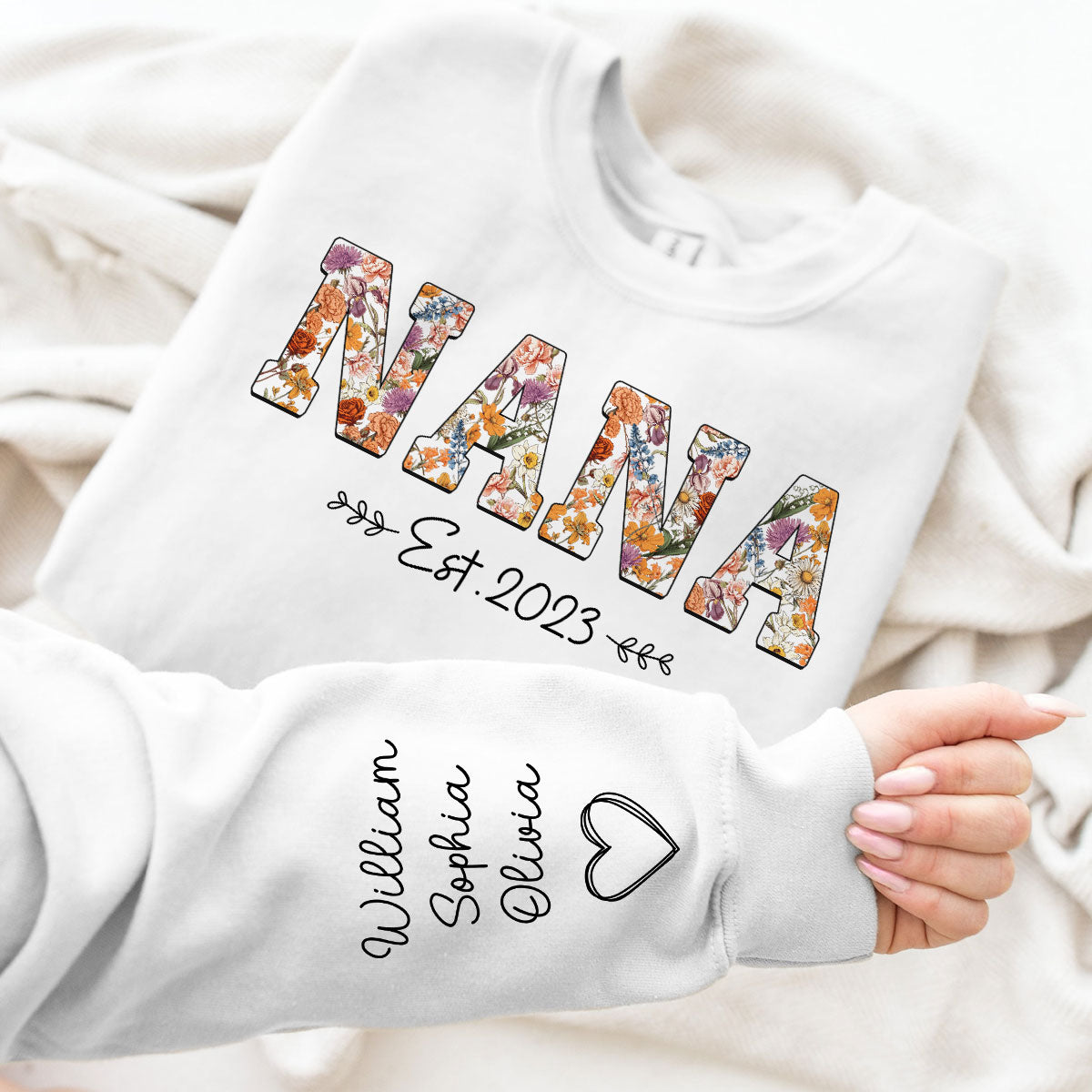 Vintage Flowers Grandma Est With Grandkids Names Personalized Sleeve Printed Shirt